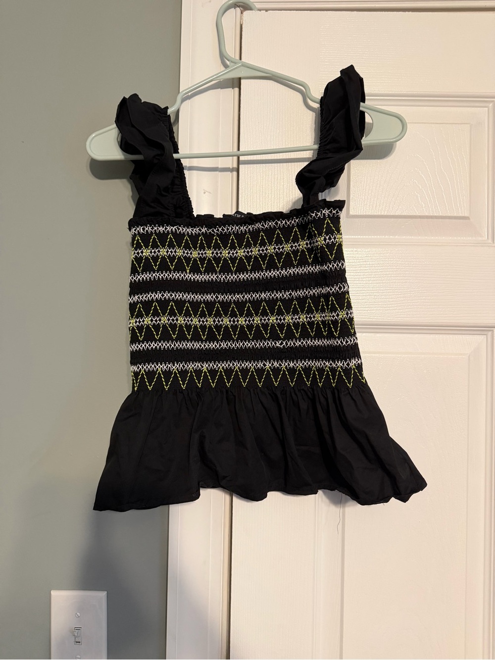 Black Smocked Tank with Ruffle Straps and Zigzag Stitch